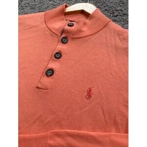 Polo Golf Ralph Lauren Mens M Button Mock Neck LS Orange Sweater Merino Wool‎